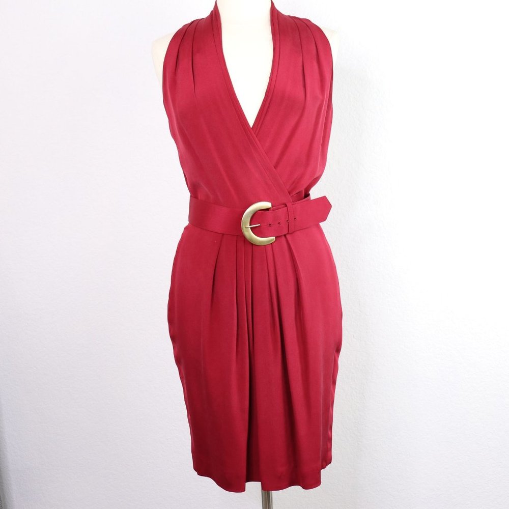 JONES NEW YORK Silk Dress Grecian V-Neck Wrap Bodice, Knee Length : Neon Red Sz
